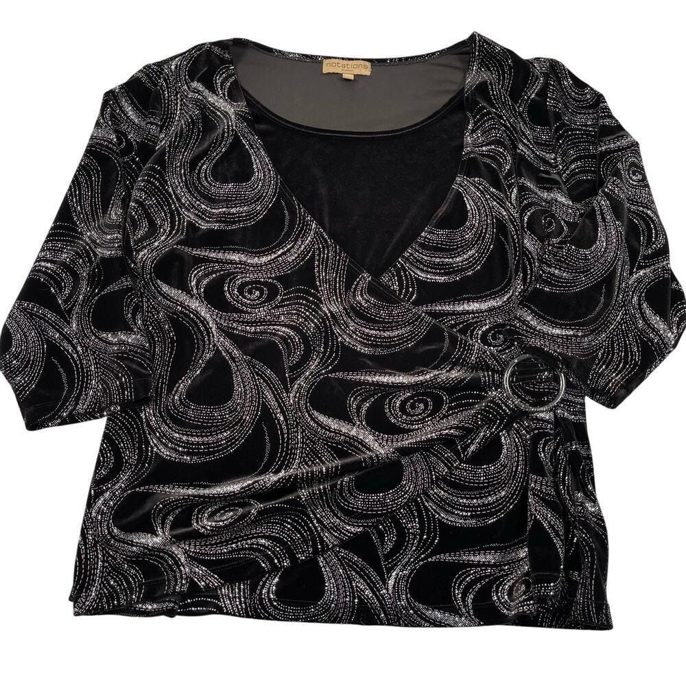 Notations Top Womens 3X Black Velour Velvet Silver Glitter Faux Wrap Buckle‎